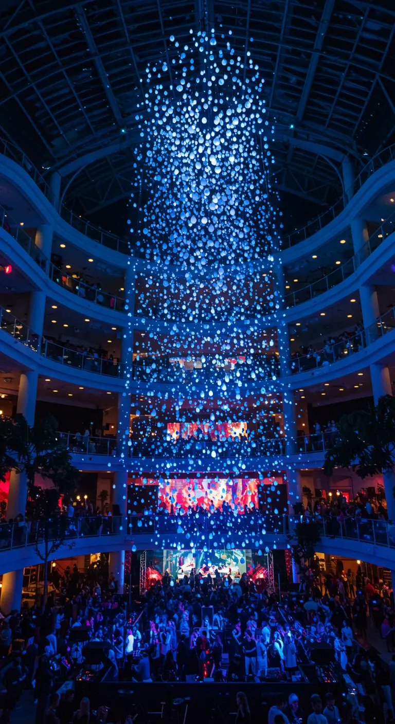 Ein riesiger Schwarm kleiner blauer Papierlampions, der von der Decke eines Atriums herabhängt.
