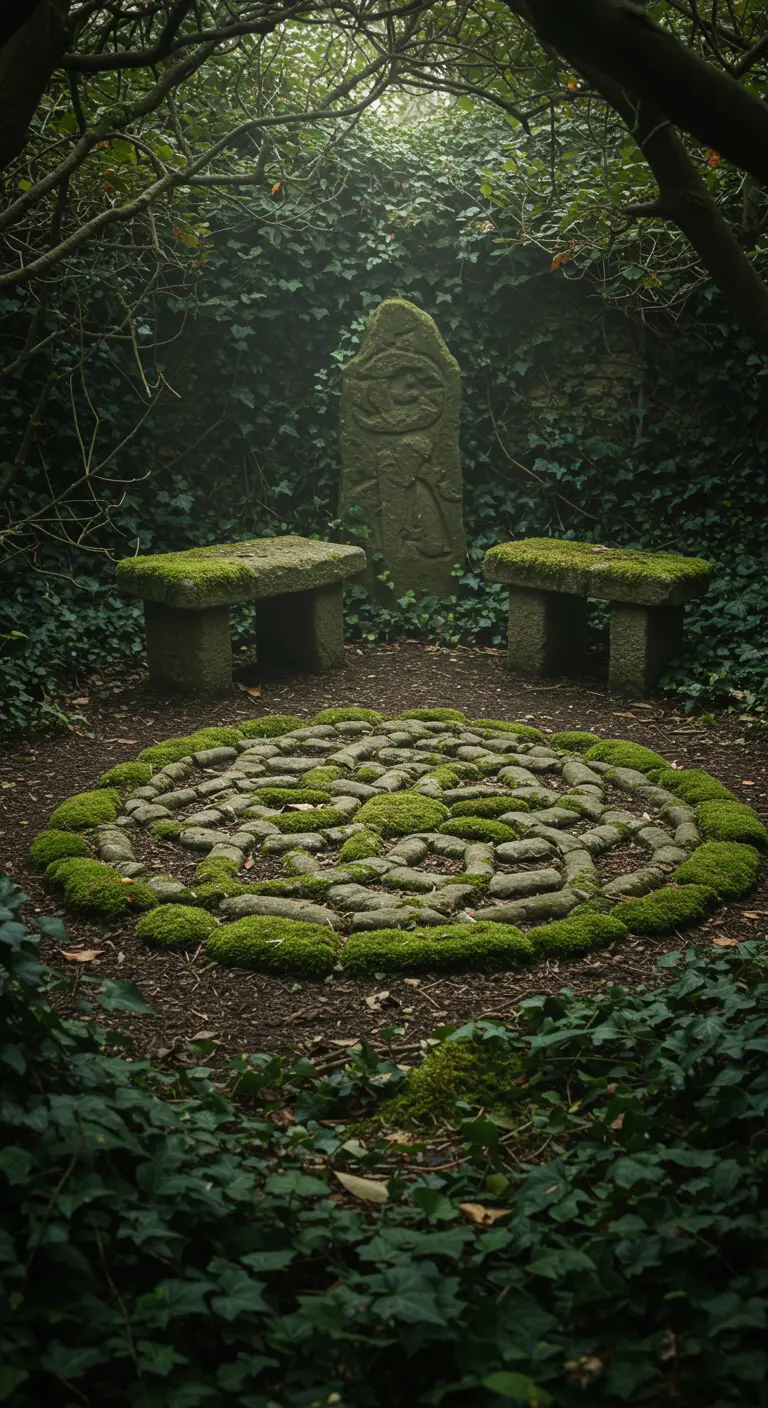 Ein keltisches Knoten-Mandala aus bemoosten Steinen in einer verwunschenen, efeubewachsenen Ecke.