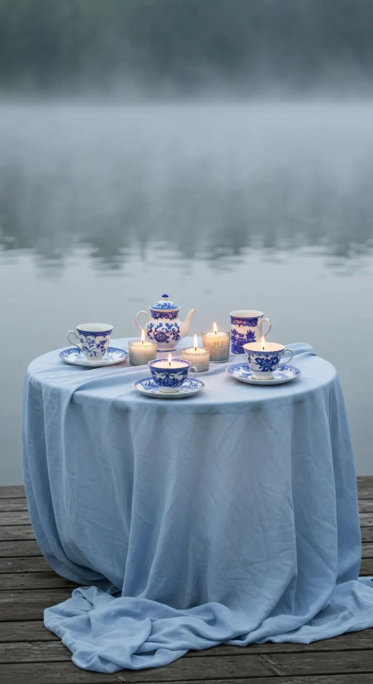 Blau-weißes Teeservice mit brennenden Kerzen auf einem Tisch am nebligen See.