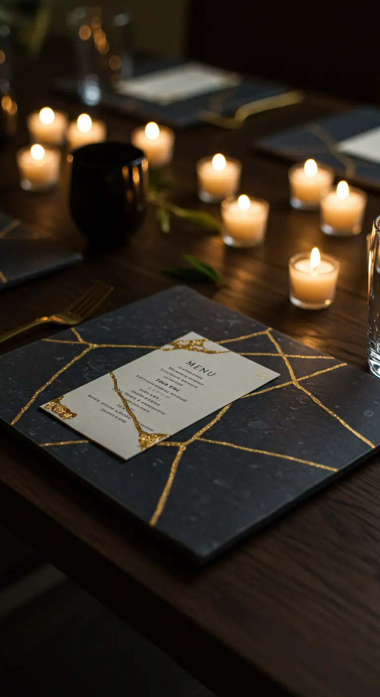 Dunkle Schieferplatte als Tischset, verziert mit goldenen Linien im Kintsugi-Stil.