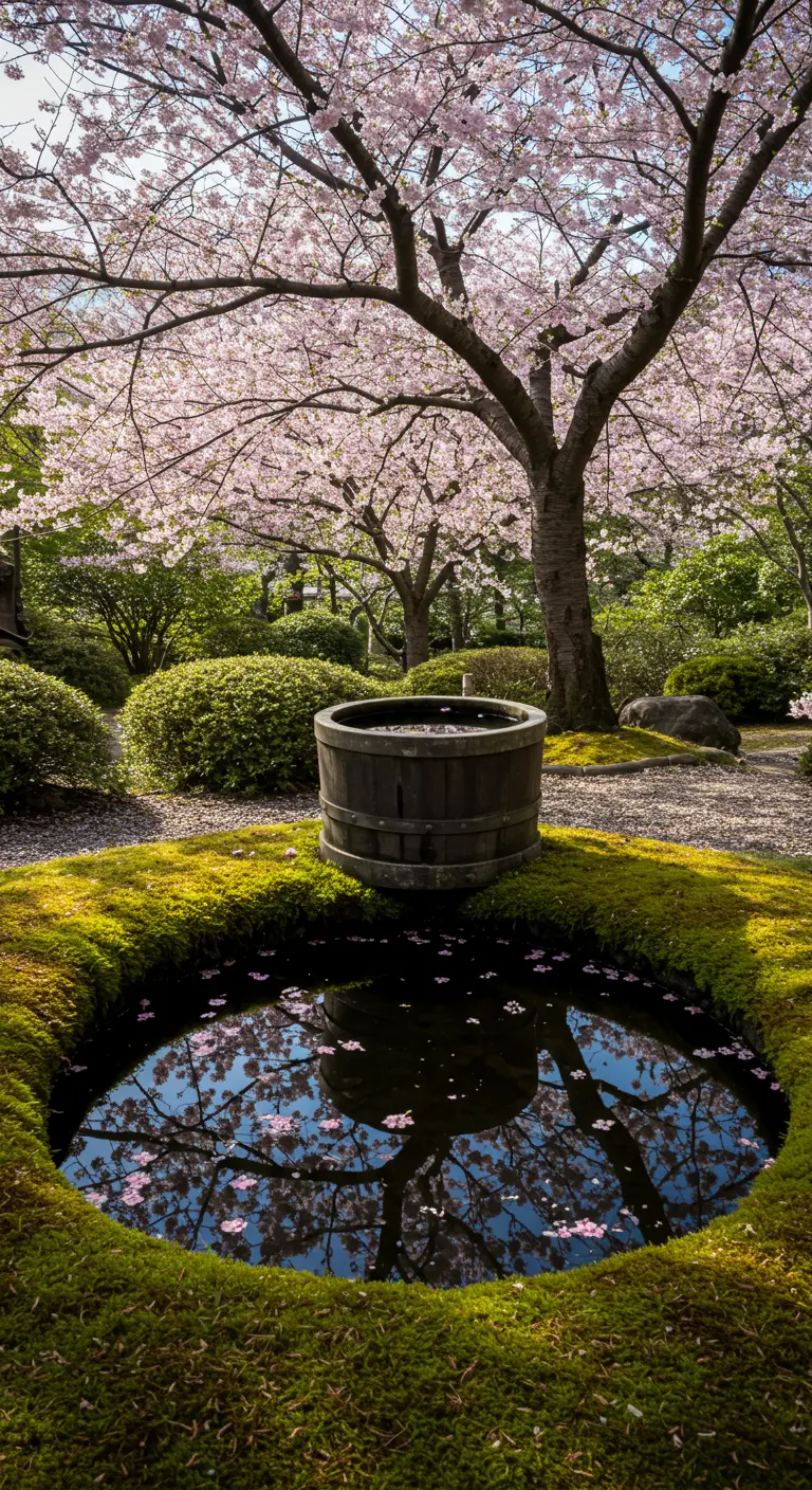 Ein im Boden eingelassener Teich, der die rosa Blüten eines Kirschbaums reflektiert.