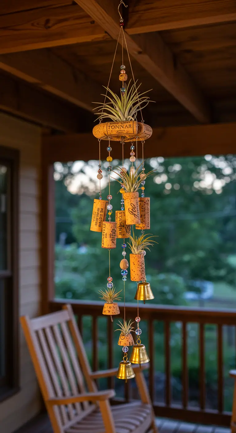 Ein Windspiel aus Weinkorken, Perlen, Glöckchen und Tillandsien hängt auf einer Veranda.