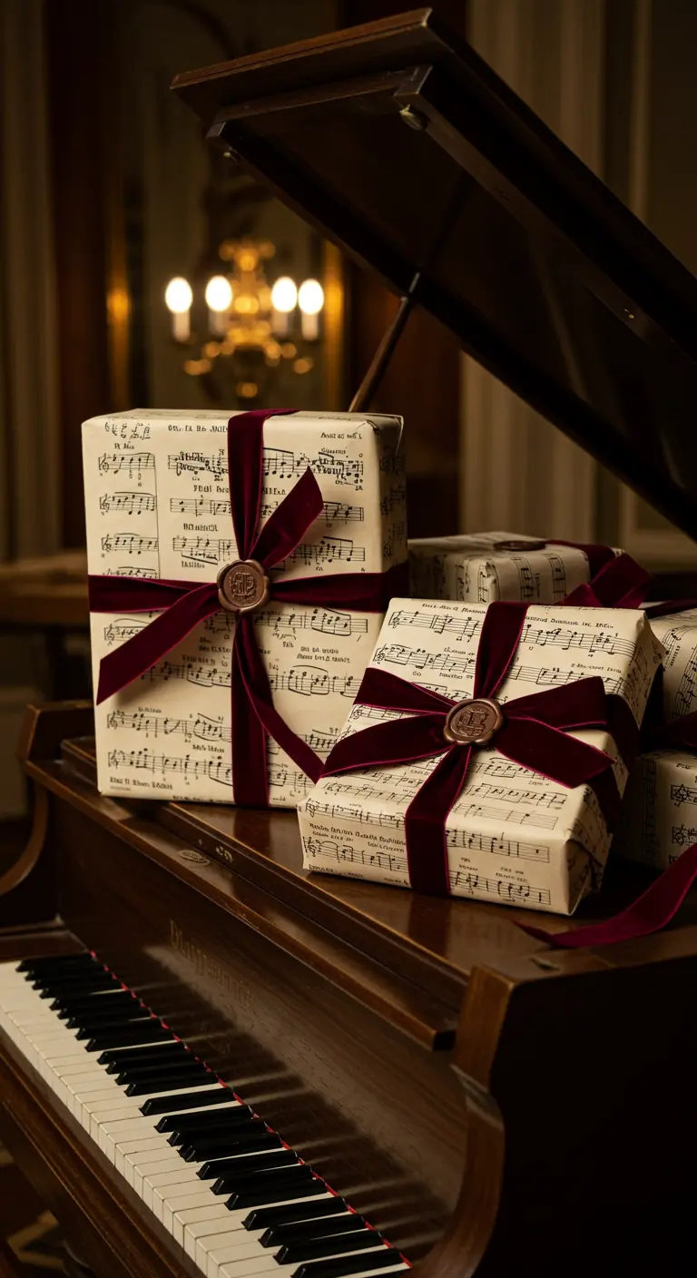 In Notenblätter gewickelte Geschenke mit weinrotem Samtband auf einem Klavier.