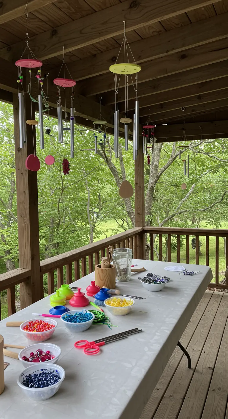 Basteltisch auf einer Veranda mit Materialien zum Herstellen von bunten Windspielen.