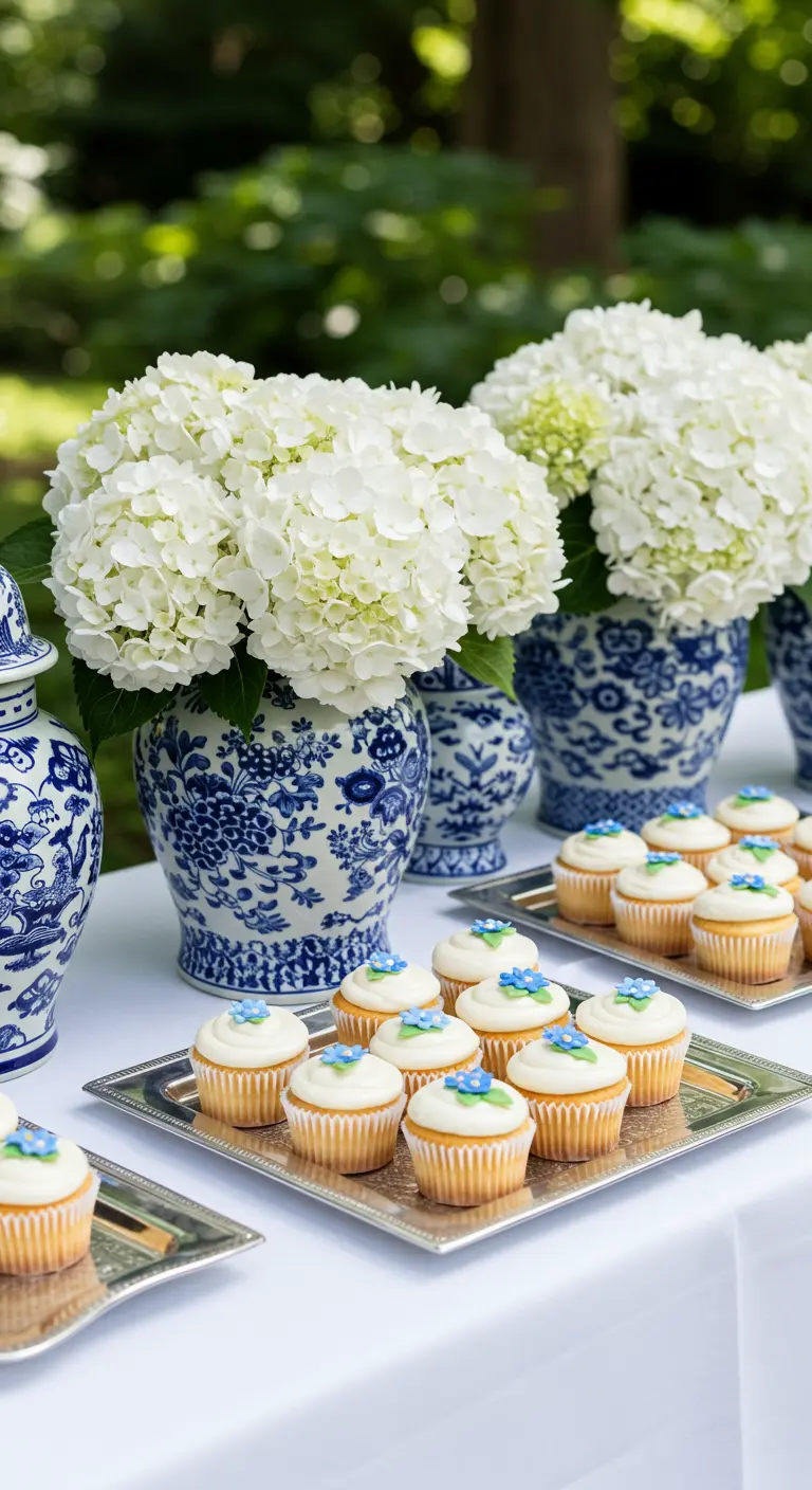 Blaue und weiße Porzellanvasen mit Hortensien neben Cupcakes auf Silbertabletts.