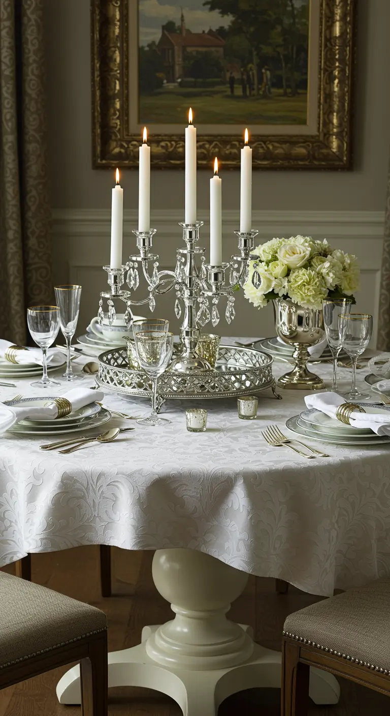 Silberner Kandelaber mit weißen Kerzen auf einem Spiegeltablett auf einem elegant gedeckten Tisch