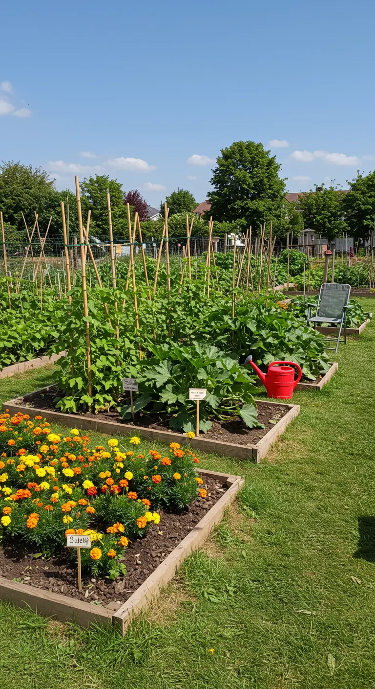 Einfache Holz-Beetschilder in einem klassischen Gemüsegarten mit Blumen.
