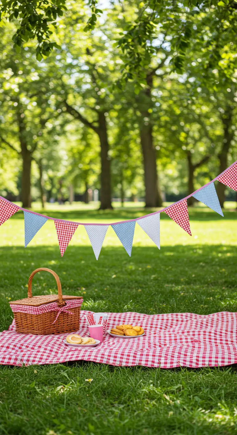 Eine Wimpelkette aus rot-weiß kariertem und gepunktetem Stoff hängt über einer Picknickdecke im Park.