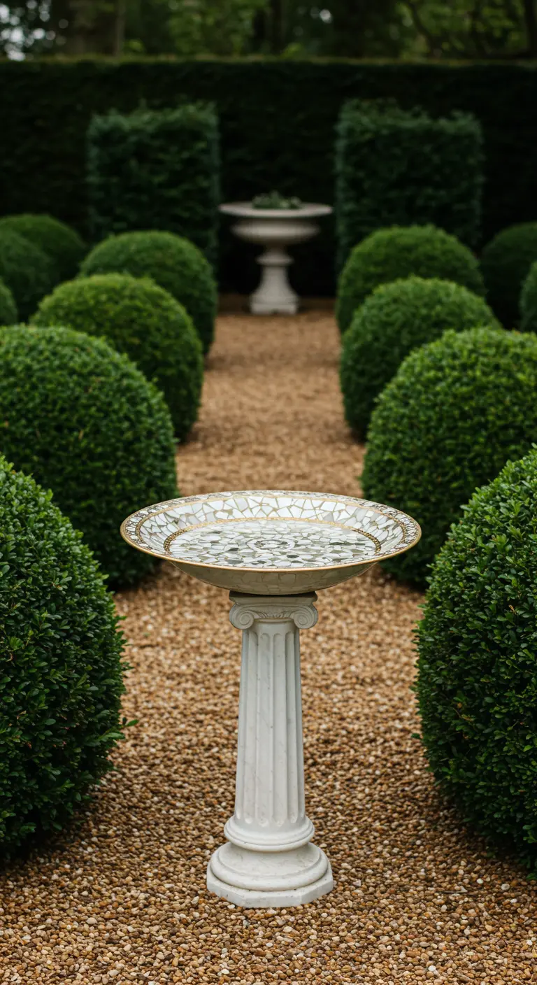 Mosaik-Vogelbad mit Goldrand auf einer weißen, klassischen Säule in einem Formschnittgarten.
