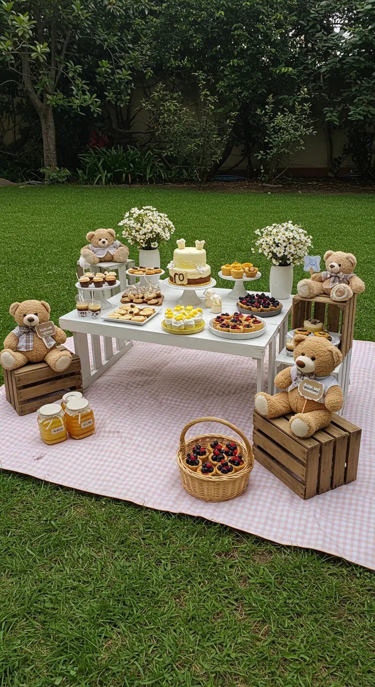 Ein niedriges Picknick-Buffet im Garten, umgeben von Teddybären auf Holzkisten.