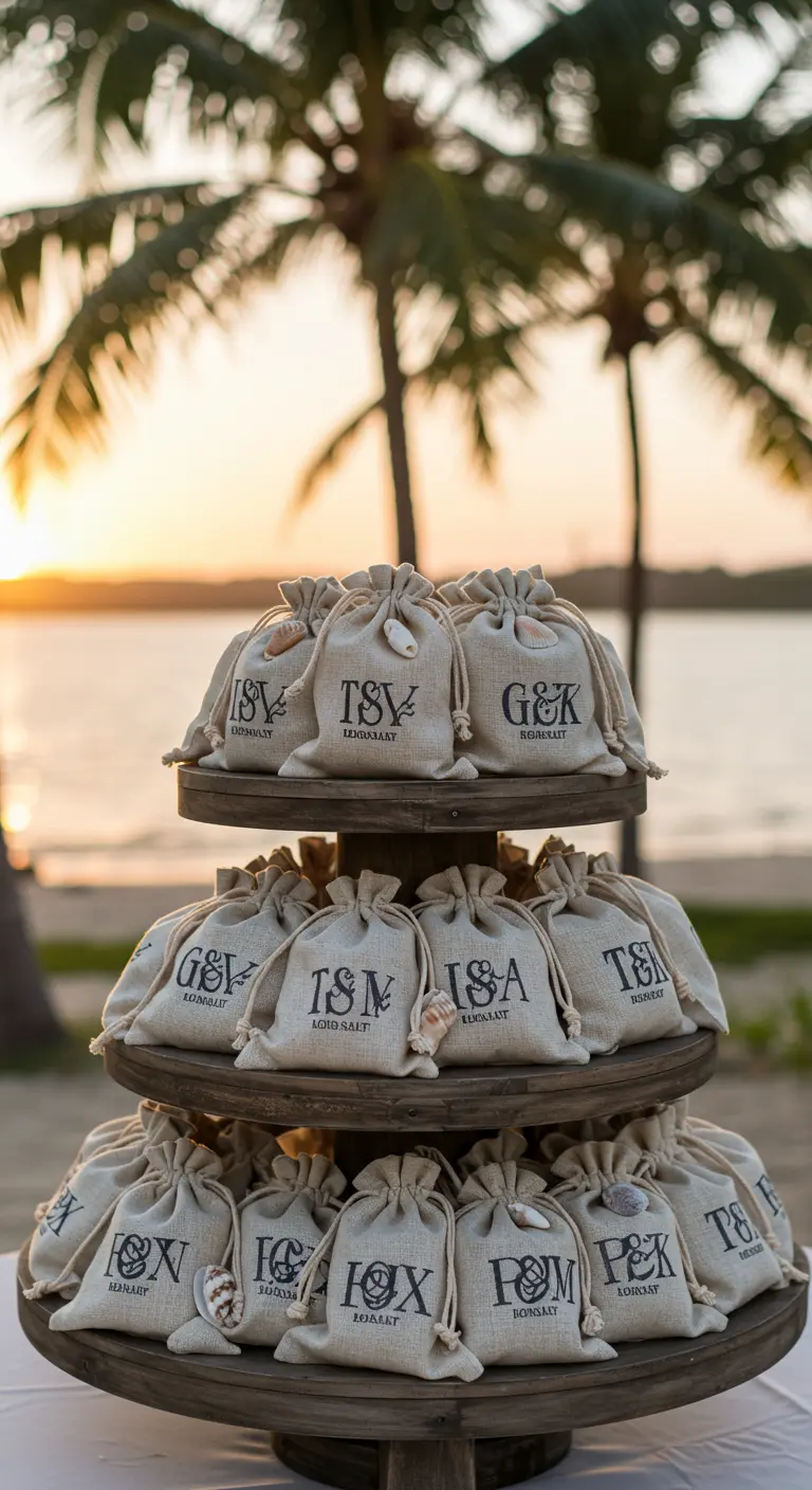 Personalisierte Leinenbeutel als Gastgeschenke auf einer Holz-Etagere am Strand.