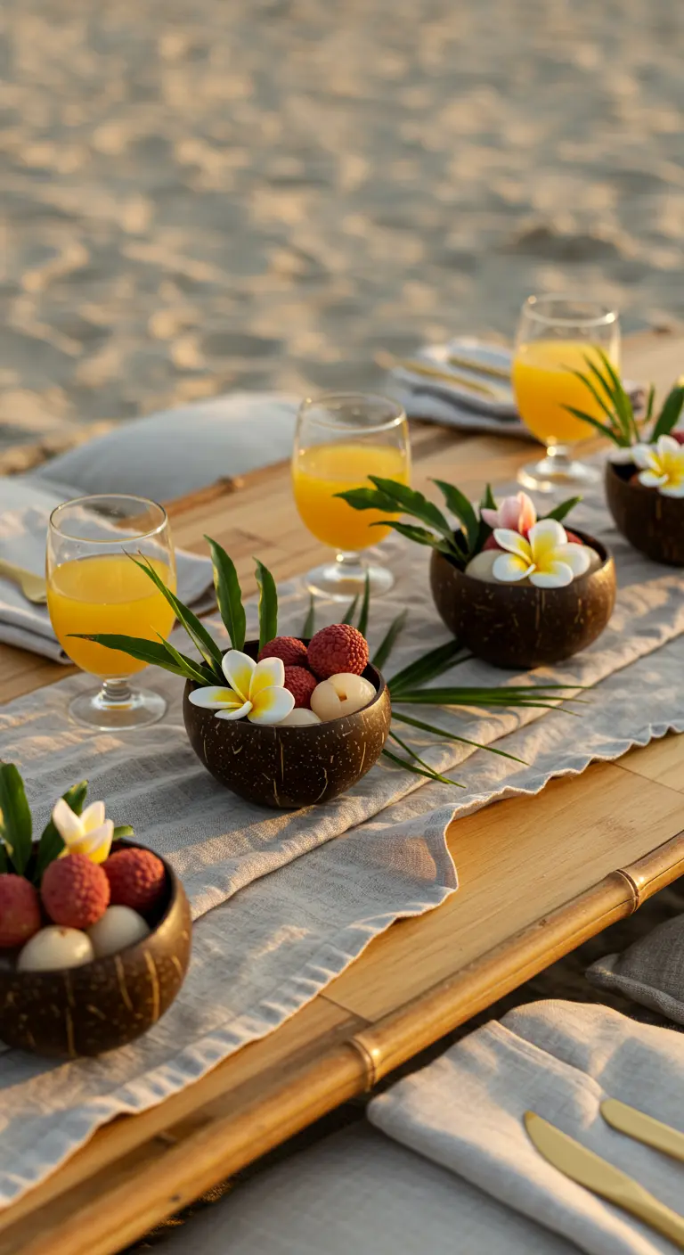 Kokosnussschalen gefüllt mit Litschis und Blüten auf einem Holztisch am Strand