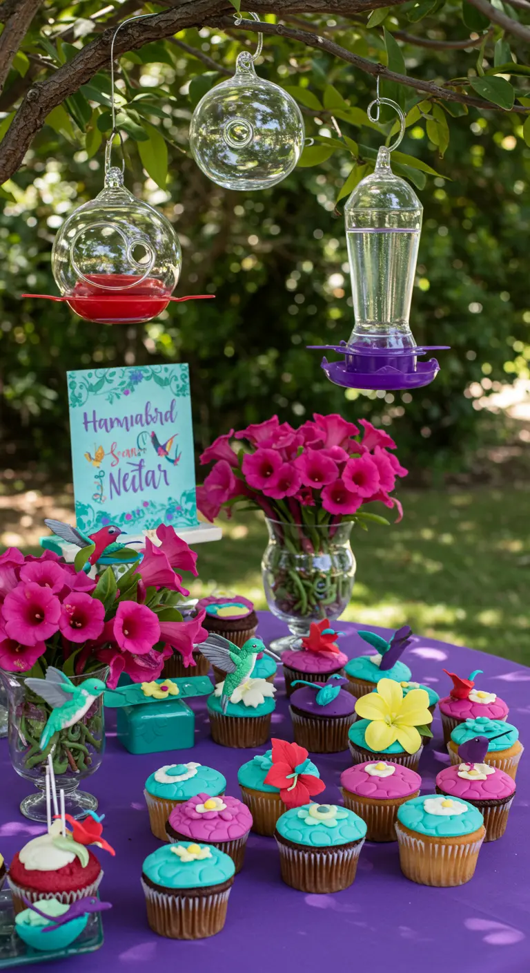 Farbenfroher Tisch mit lila Decke und Cupcakes, die mit Kolibris und Blüten dekoriert sind.