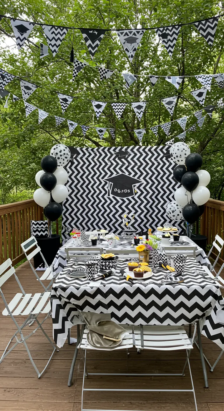 Gartenparty-Tisch mit Tischdecke, Wimpelketten und Hintergrund im schwarz-weißen Zickzack-Muster