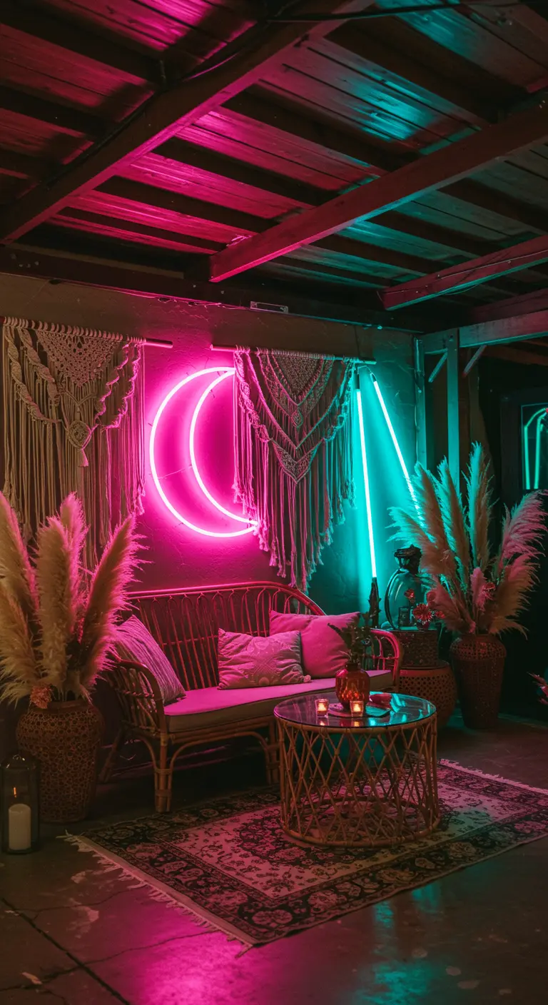 Eine gemütliche Sitzecke mit Rattan-Möbeln, Pampasgras und einer pinken Neon-Mondsichel an der Wand.