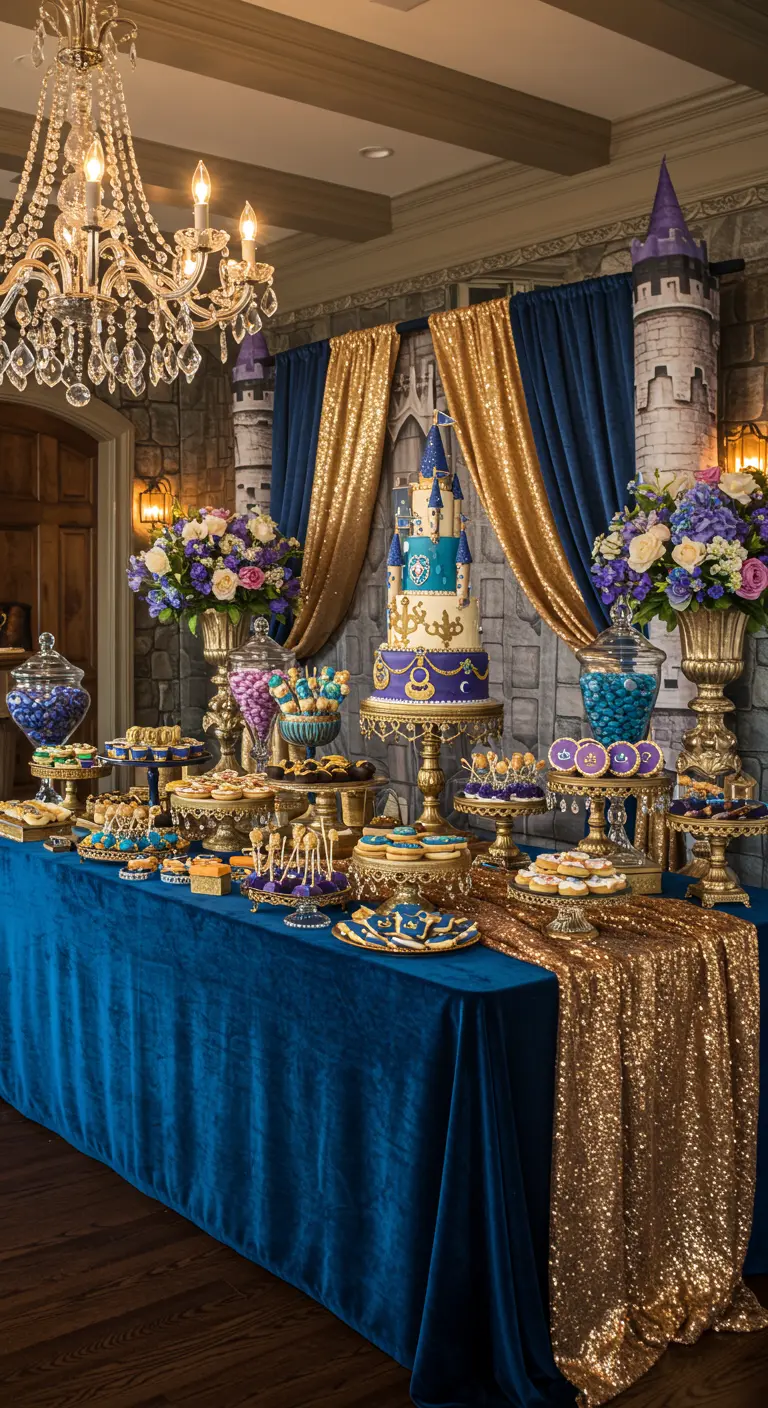 Opulentes Prinzessinnen-Buffet in Blau und Gold mit Samt, Pailletten und Burgturm-Deko