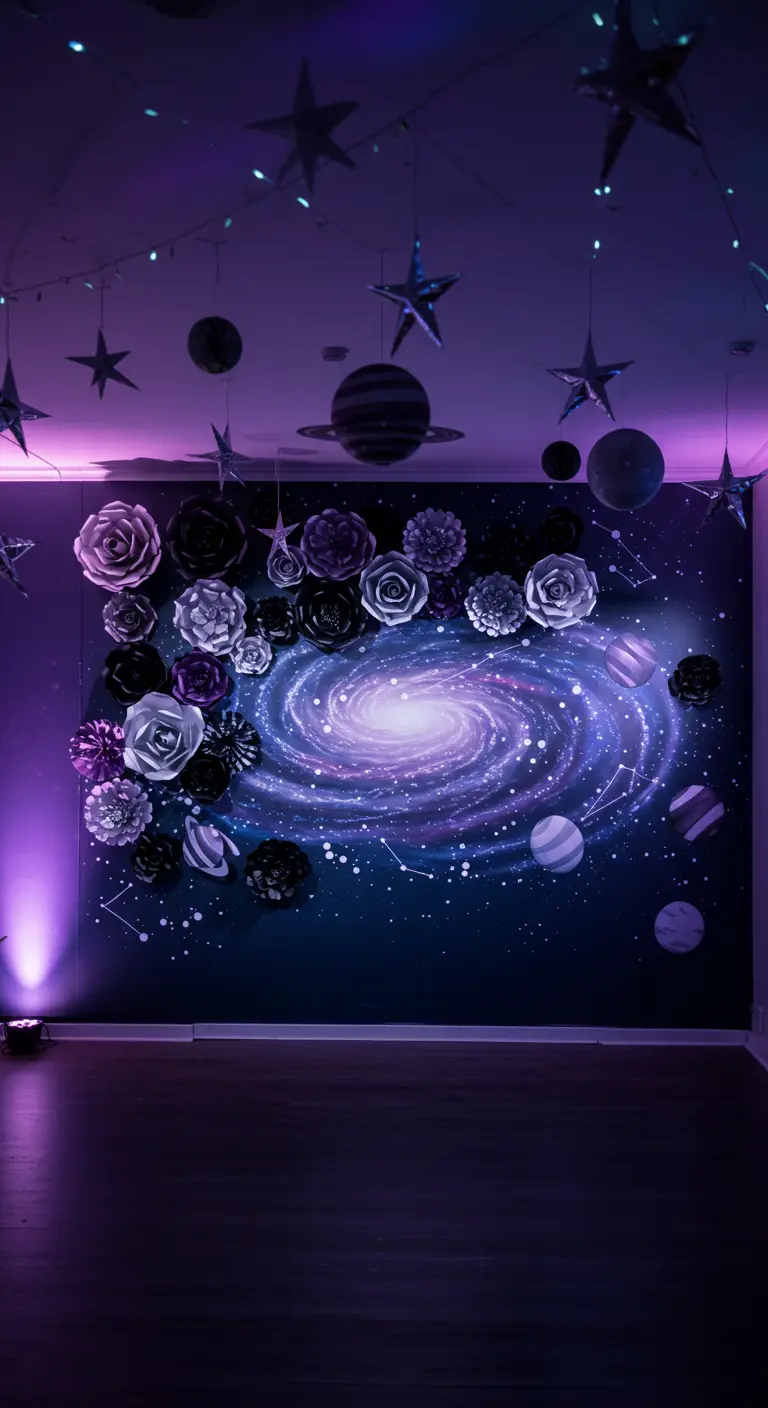 Weltraum-Mottoparty mit Papierblumen in Lila, Schwarz und Silber um eine gemalte Galaxie.