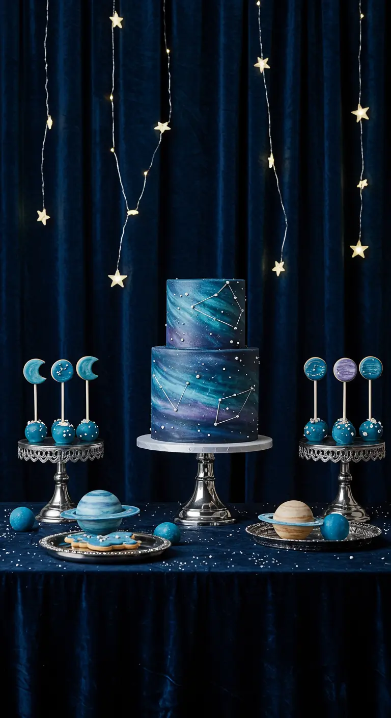 Galaxy-Torte und planetenförmige Cake Pops vor einem nachtblauen Samtvorhang.