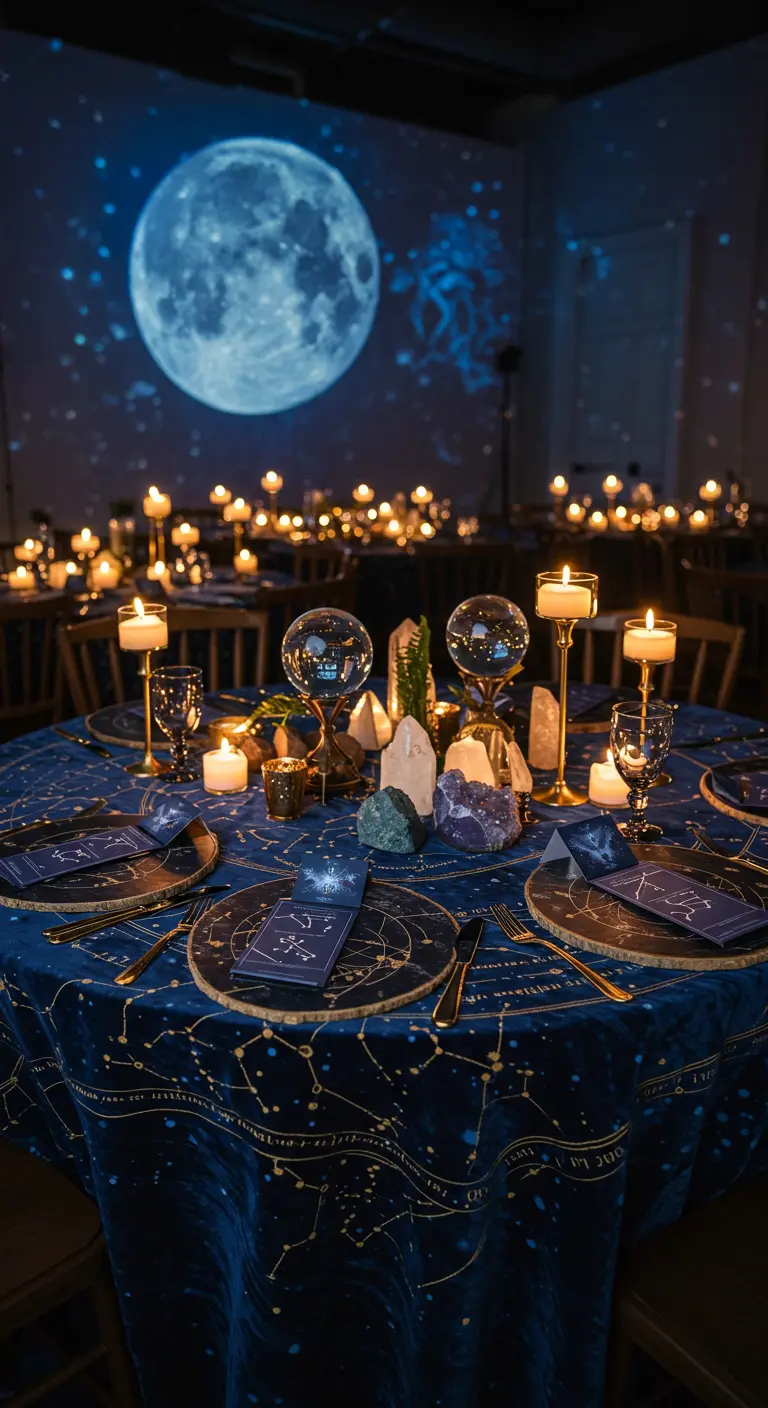 Runder Tisch mit blauer Sternbild-Tischdecke, Kristallkugeln und einer Mondprojektion im Hintergrund.
