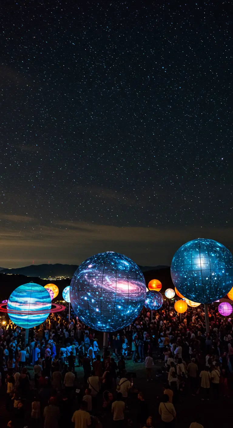 Große, kugelförmige Lampions, die wie Planeten und Galaxien aussehen, unter einem Sternenhimmel.