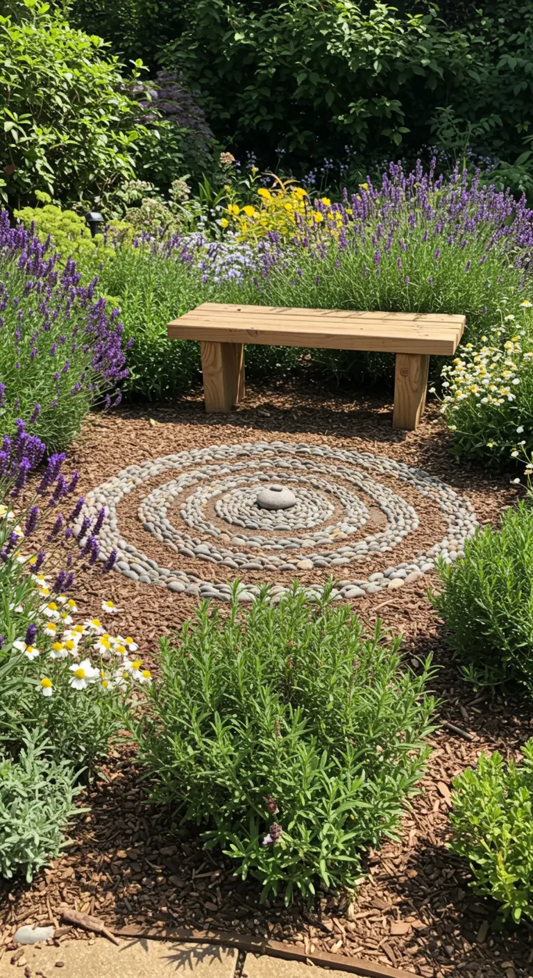 Ein schlichtes Kiesel-Mandala, umgeben von einem üppigen Beet mit blühendem Lavendel.