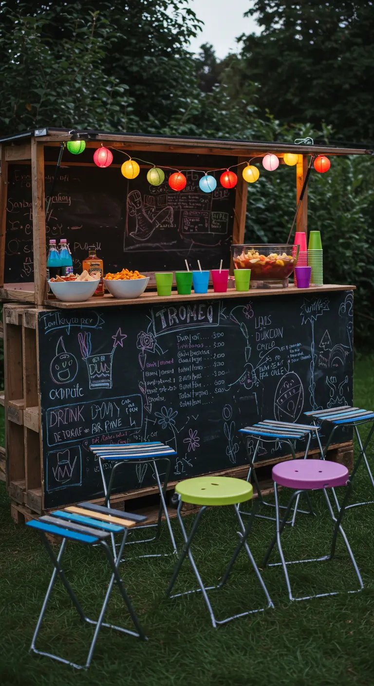 Palettenbar mit großer Kreidetafel bemalt und bunten Hockern.