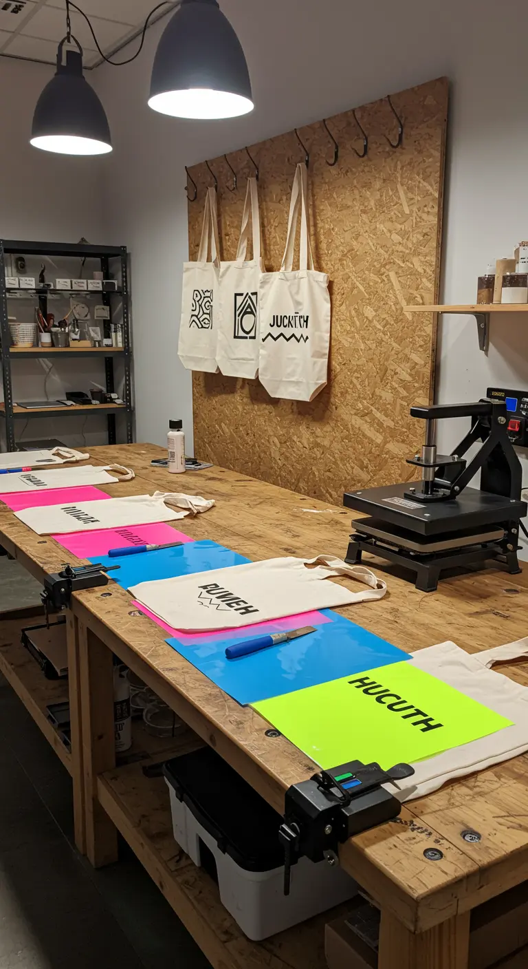 Werkbank mit Stofftaschen, bunten Neon-Vinylfolien und einer Heißpresse zum Bedrucken.