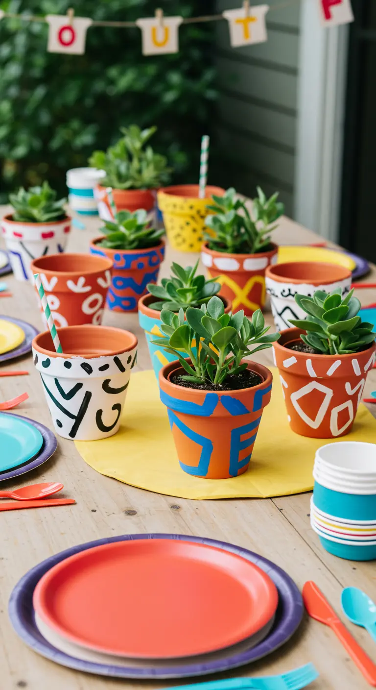 Sukkulenten in bunten, von Hand bemalten Terrakottatöpfen auf einem Holztisch.
