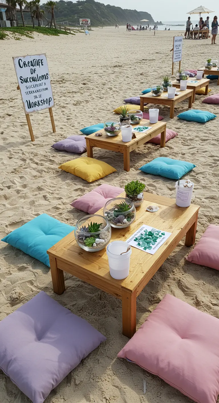 Niedrige Holztische und Kissen im Sand, vorbereitet für einen Sukkulenten-Workshop.