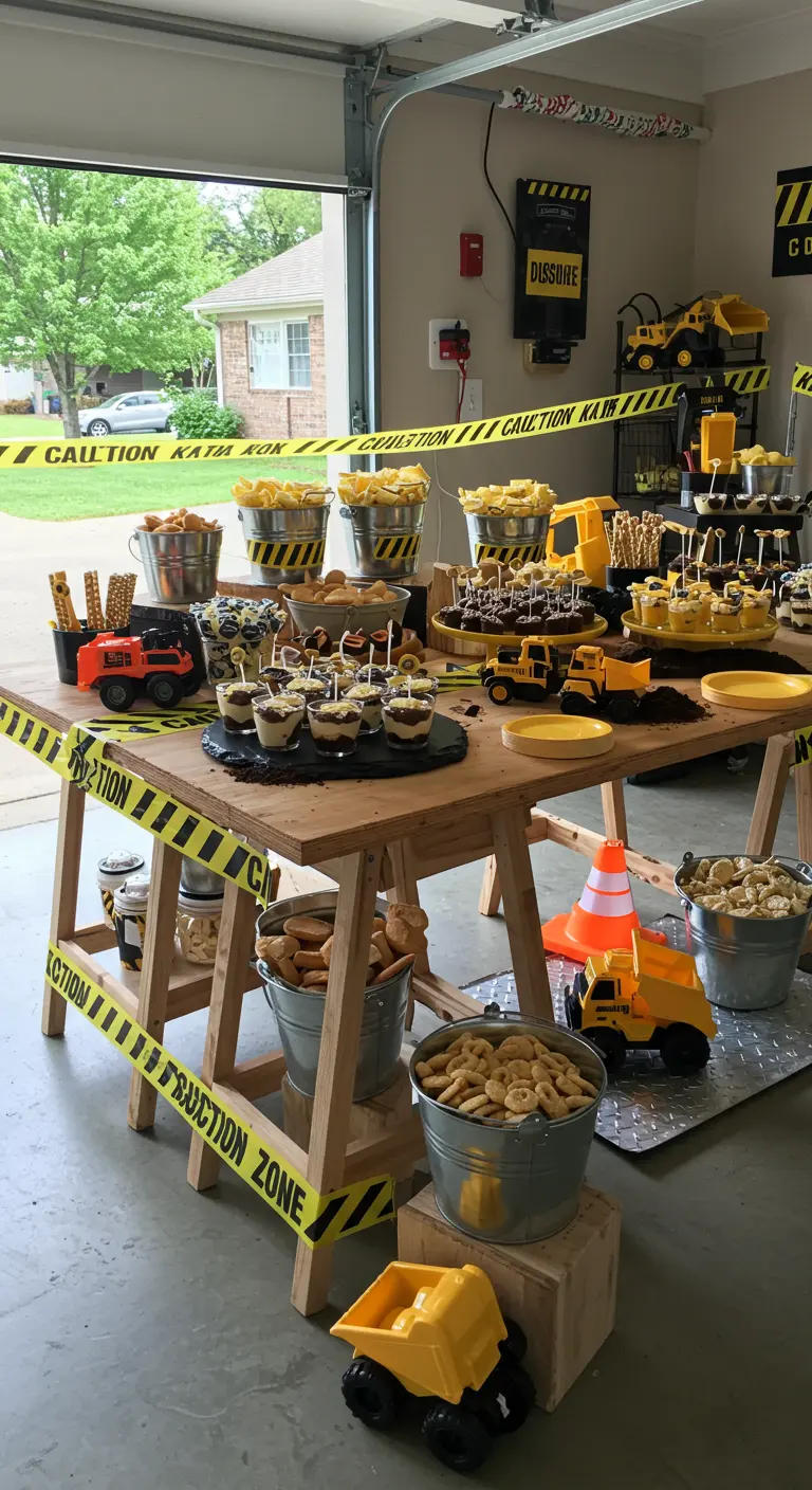 Baustellen-Mottoparty-Buffet mit Holzböcken, Spielzeug-Baggern und Absperrband in einer Garage