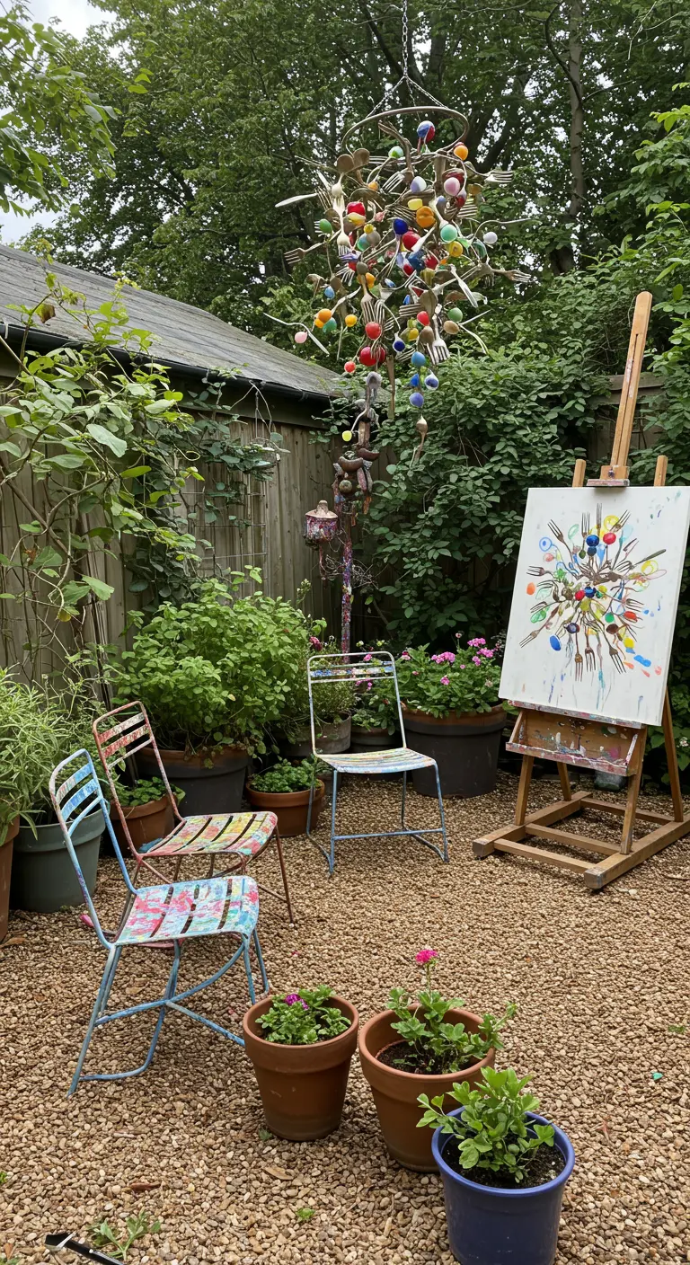 Buntes, kugelförmiges Windspiel aus bemaltem Besteck und Perlen im Garten eines Künstlers.