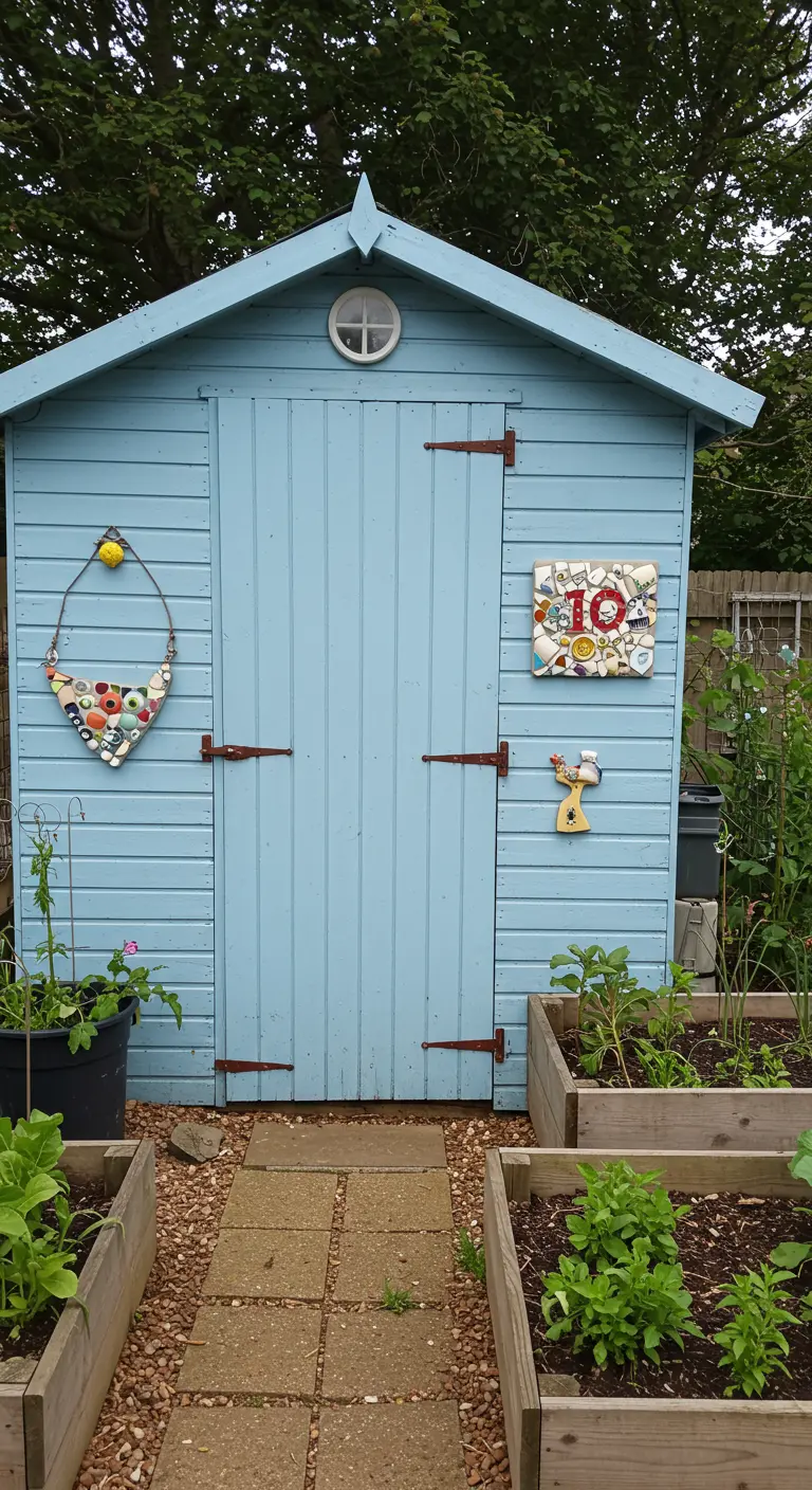 DIY-Mosaik-Hausnummer 10 aus Porzellanscherben und Knöpfen an einem hellblauen Gartenhaus.