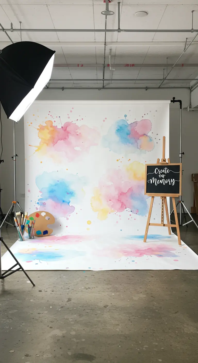 Photobooth im Künstleratelier-Stil mit Aquarell-Farbklecksen auf weißem Hintergrund