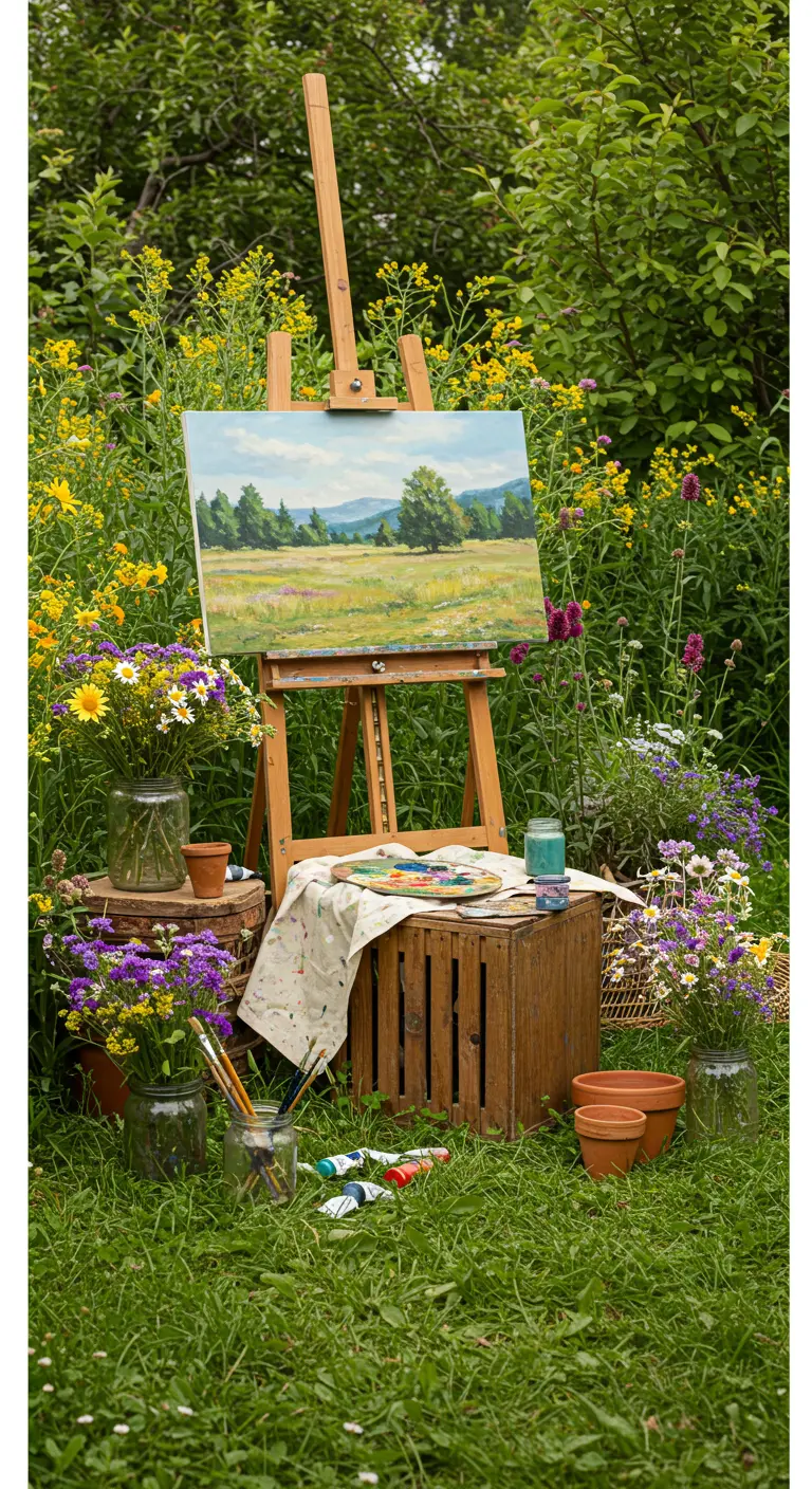 Eine Weinkiste dient als Hocker vor einer Staffelei in einer blühenden Wiese.