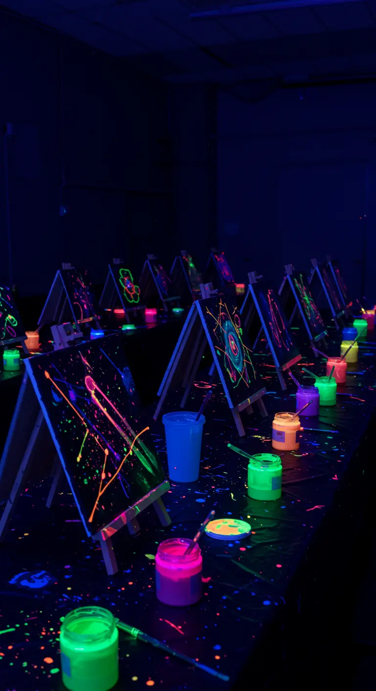 Reihe von Mini-Staffeleien mit leuchtenden Neon-Gemälden in einem dunklen Raum.