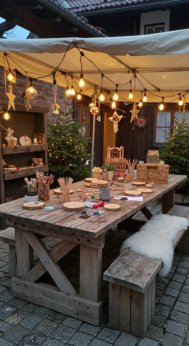 Ein rustikaler Holztisch im Freien, vorbereitet für weihnachtliches Basteln.
