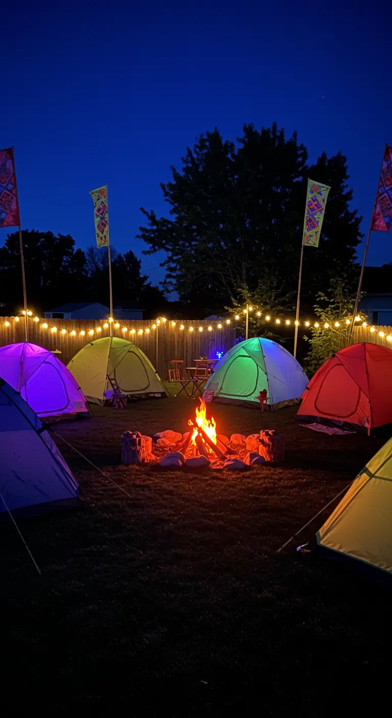 Mehrere kleine Zelte stehen nachts im Garten um ein Lagerfeuer und leuchten von innen.