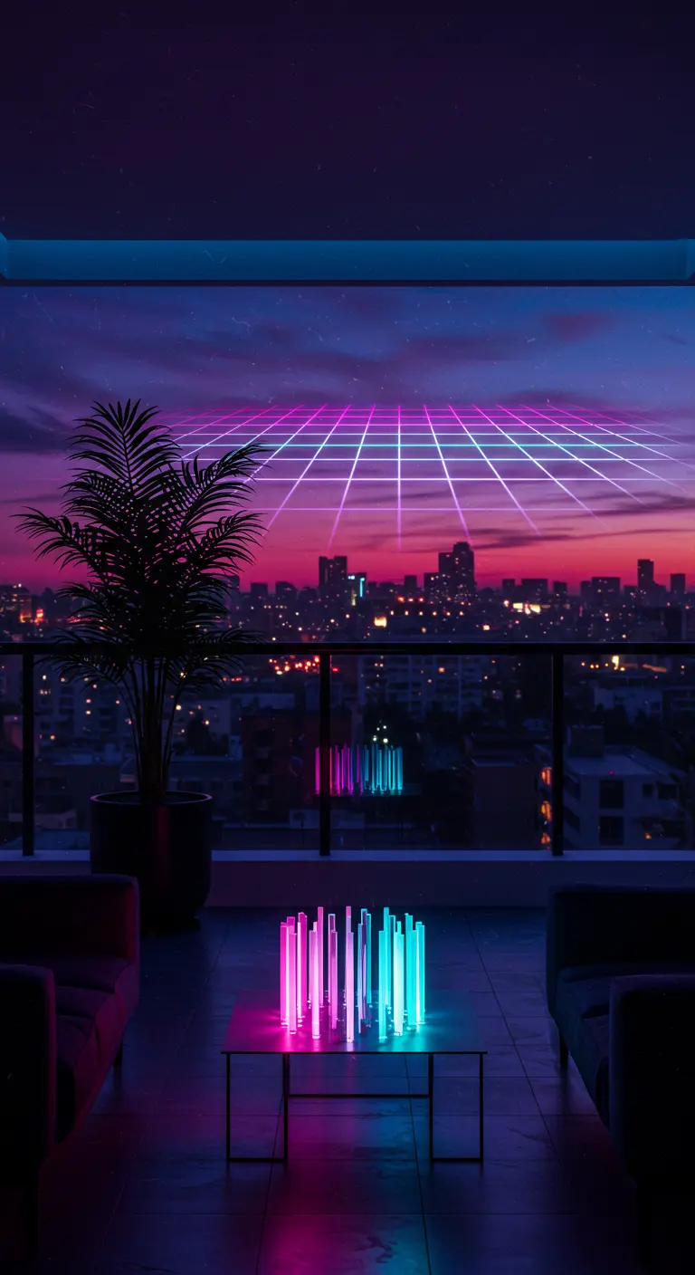 Balkon mit Blick auf die Stadt bei Nacht, ein leuchtendes Gitter schwebt am Horizont.