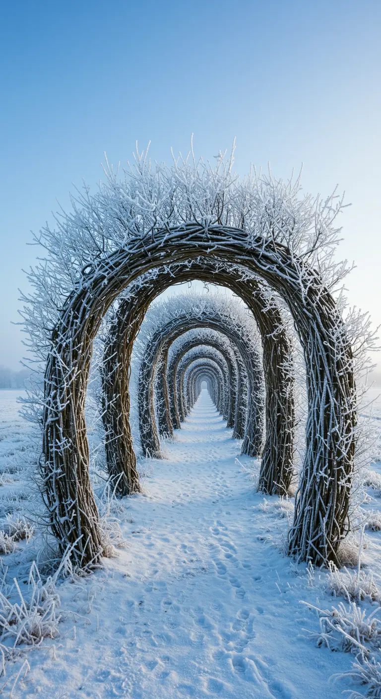 Eine lange Reihe von Weidenbögen, die im Winter mit Raureif bedeckt sind.