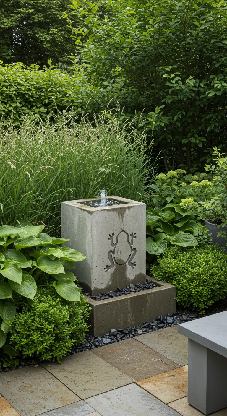 Ein quadratischer Betonbrunnen mit eingraviertem Frosch, umgeben von modernen Gräsern.
