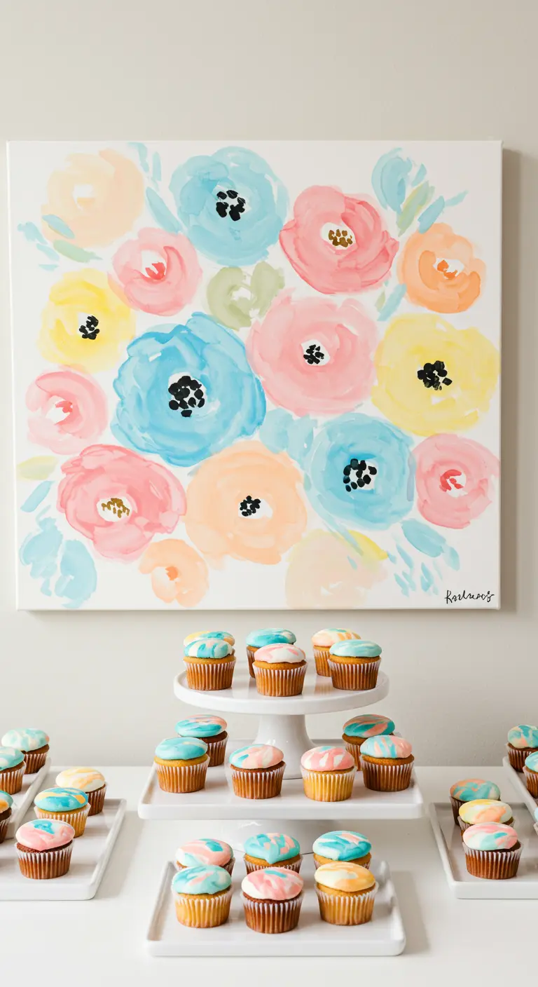 Cupcakes auf weißen Platten vor einem großen, abstrakten Aquarell-Blumengemälde.