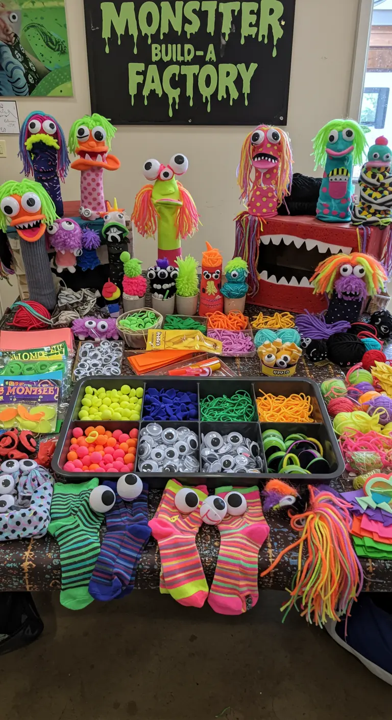 Basteltisch voller bunter Socken, Wackelaugen und Garn für eine Sockenpuppen-Werkstatt.