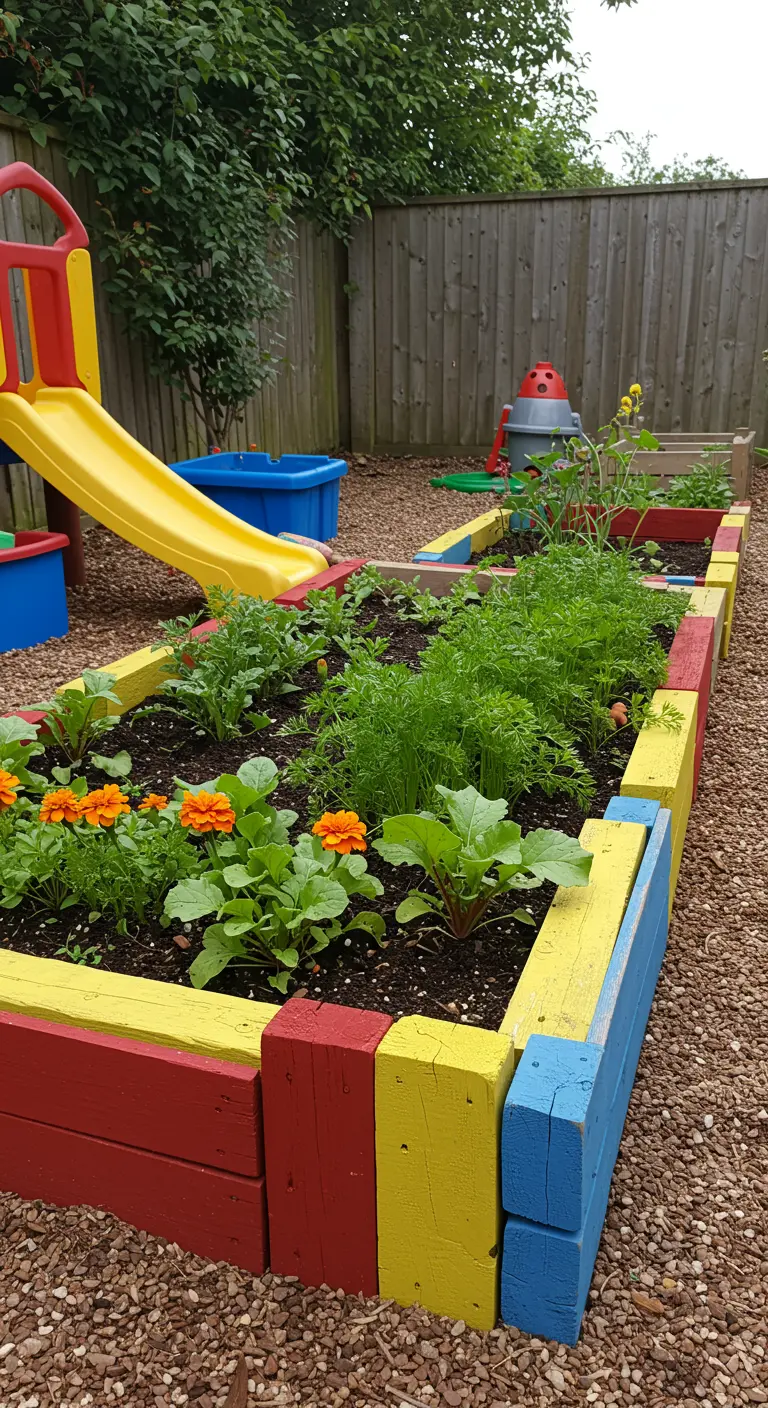 Ein Gemüsebeet für Kinder mit einer Umrandung aus bunt bemalten Holzklötzen.