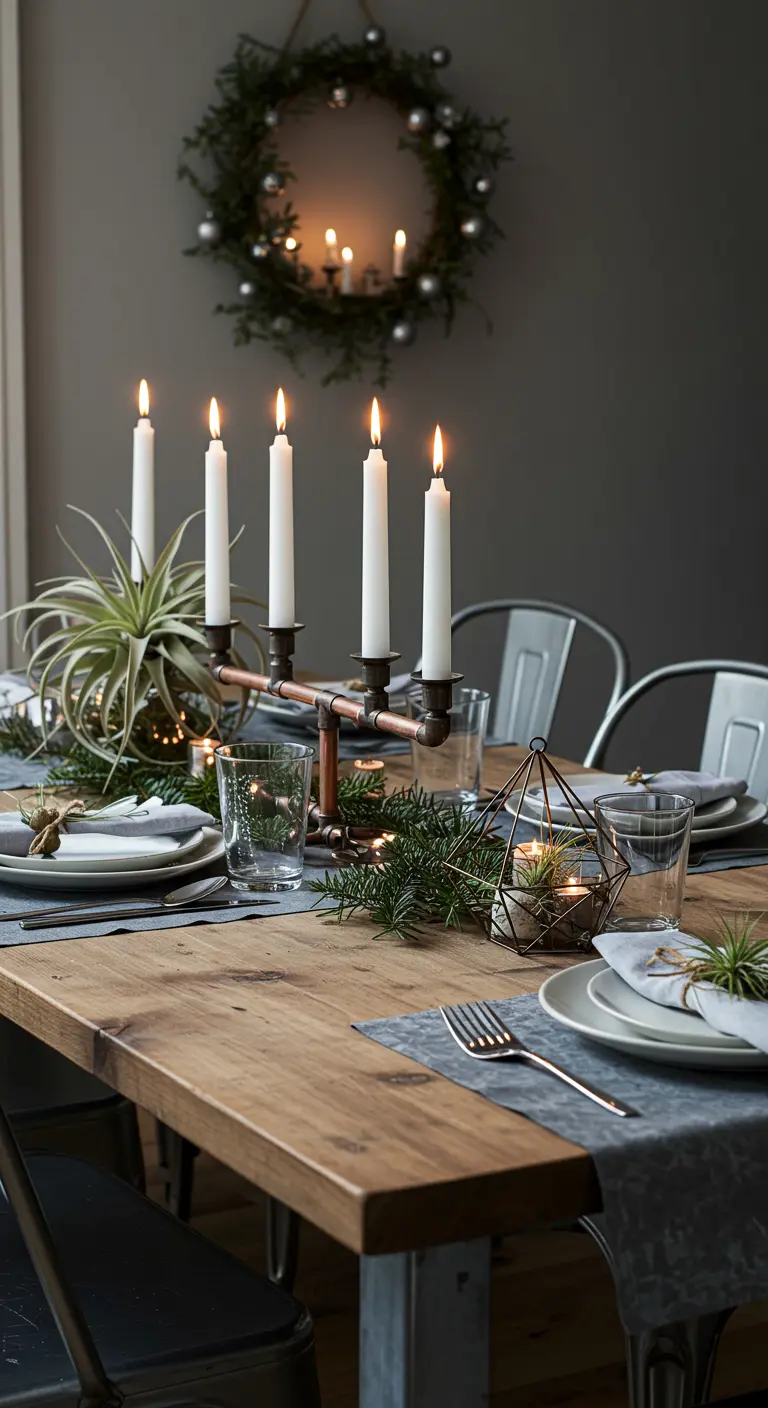 DIY-Kerzenhalter aus Kupferrohren, dekoriert mit Luftpflanzen auf einem Holztisch.