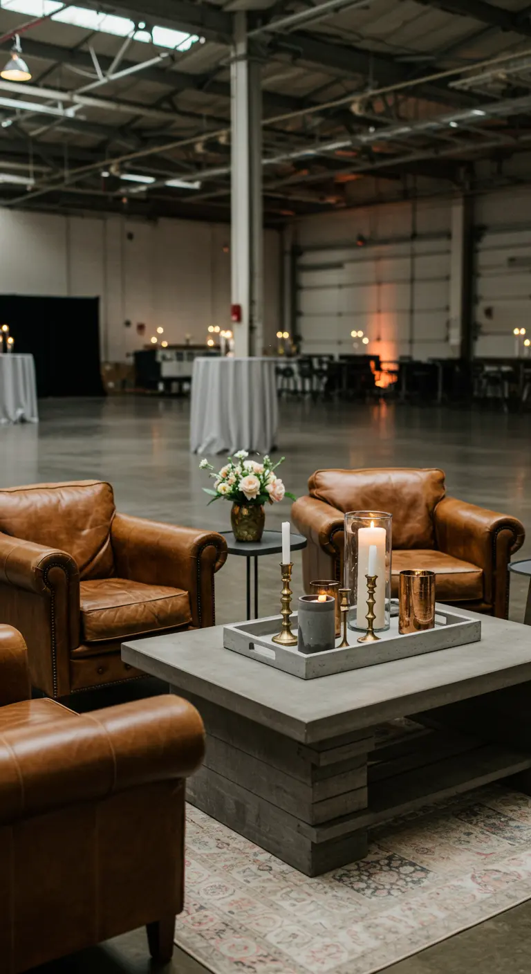 Beton-Couchtisch mit einem Tablett, auf dem verschiedene Kerzen in Beton- und Messinghaltern stehen.
