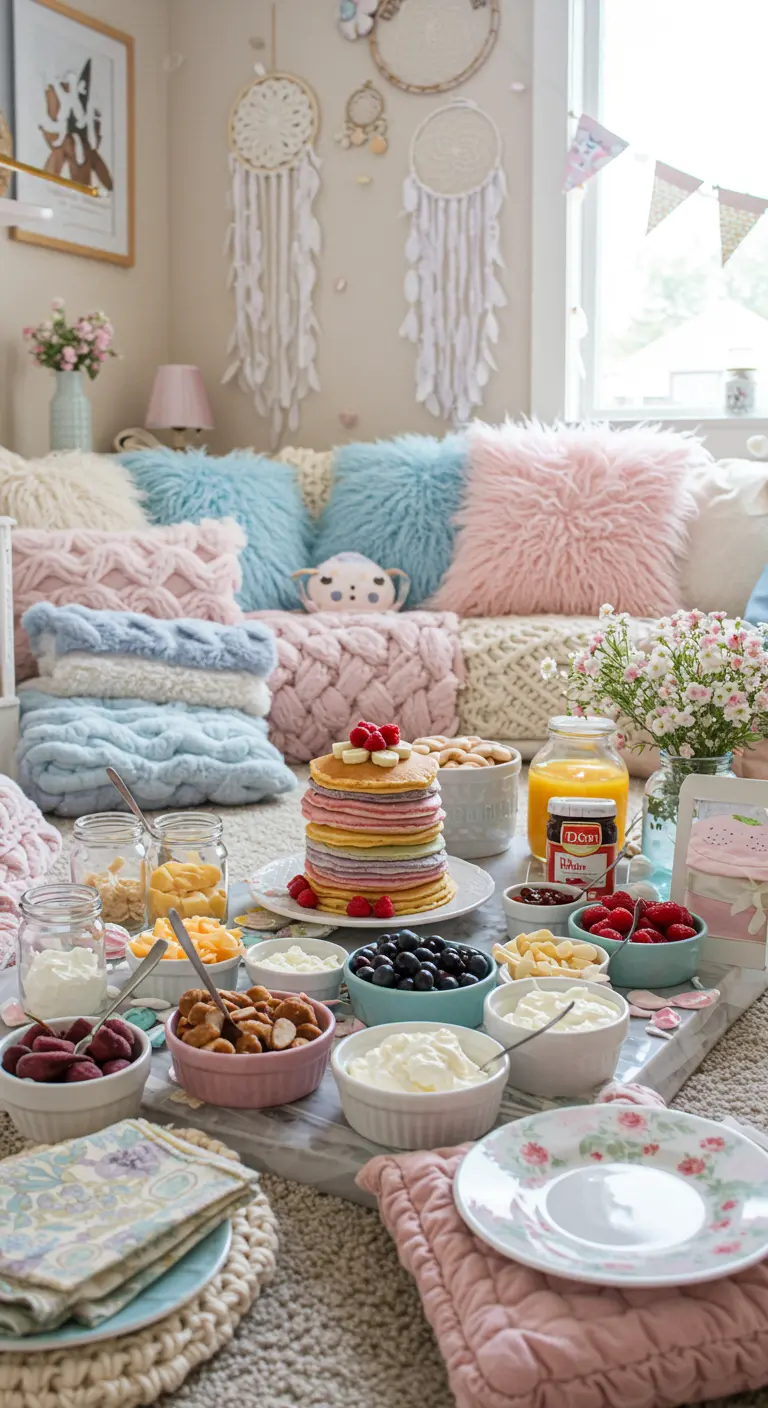Gemütliches Pyjama-Party-Buffet auf dem Boden mit Pfannkuchen, Kissen und Decken