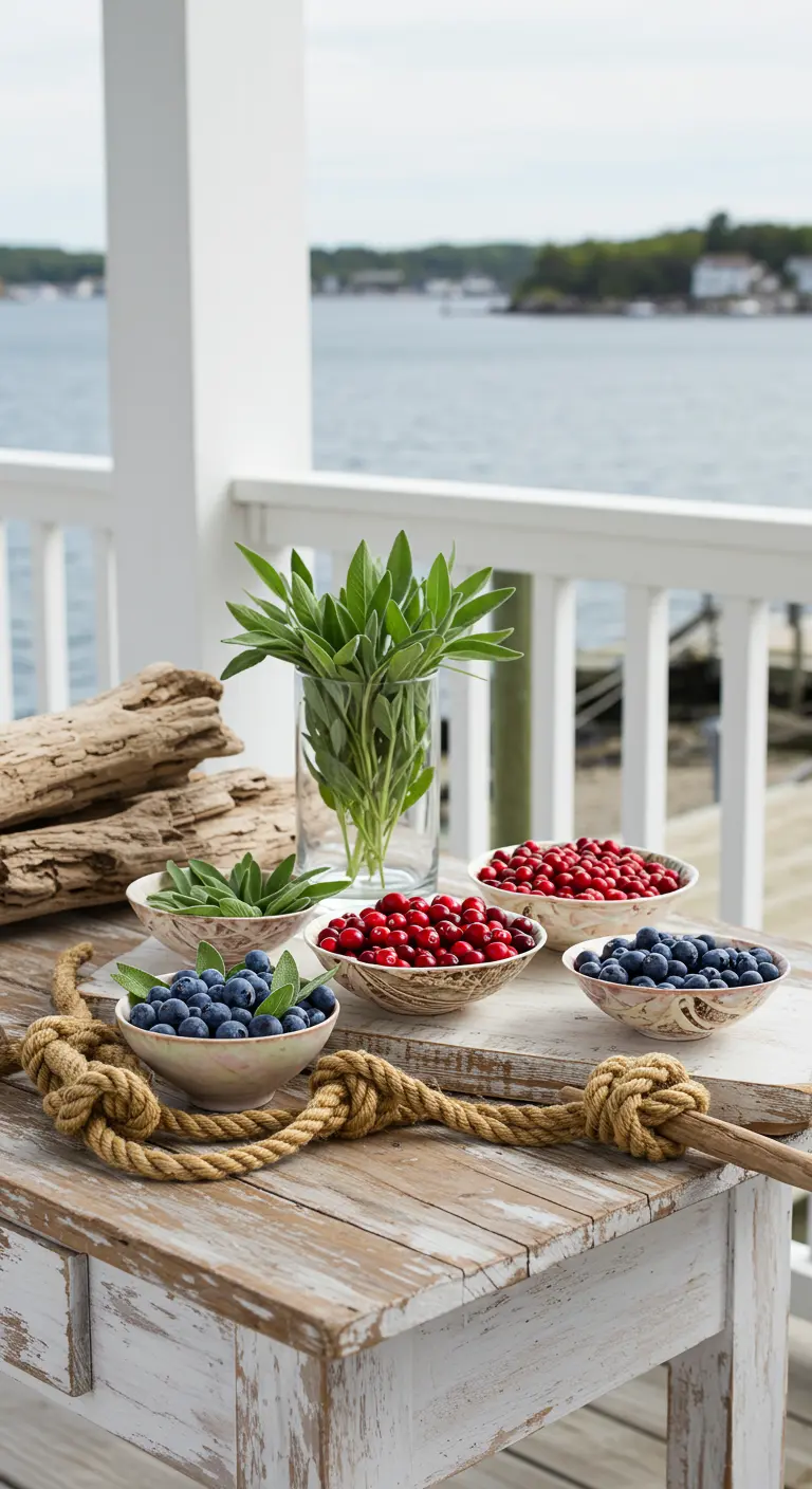 Küsten-Cocktail-Garnish-Station auf einem weißen Holztisch mit Treibholz und Beeren.