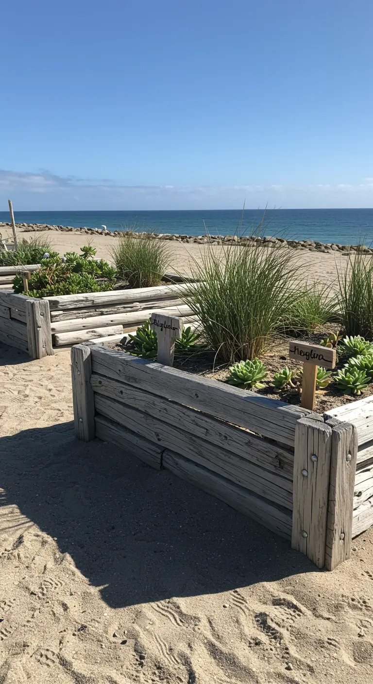 Unregelmäßige Holzschilder in einem sandigen Beet am Meer.