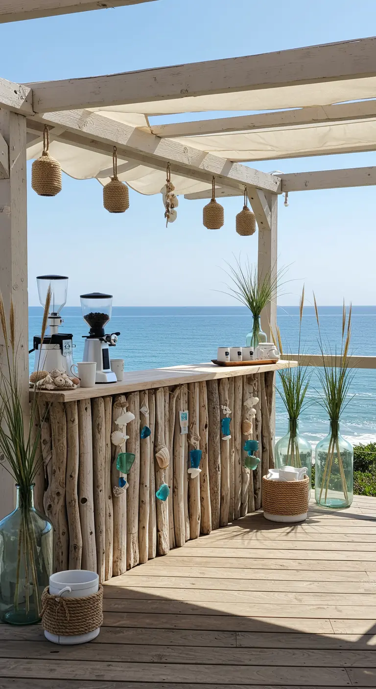Kaffeebar aus Treibholz auf einer Terrasse mit Meerblick, dekoriert mit Muscheln und Gräsern.