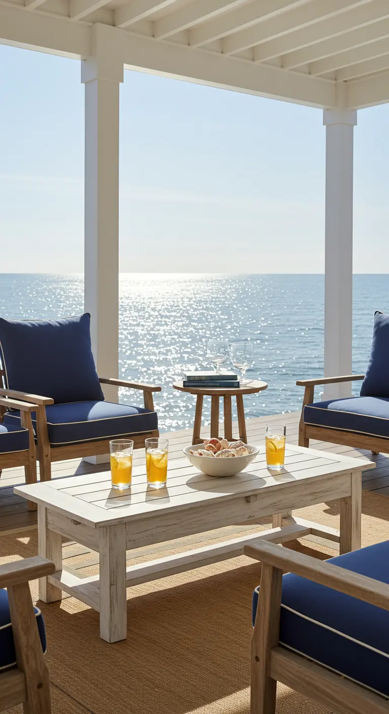 Weißer Couchtisch aus einer alten Tür auf einer Veranda mit Blick aufs Meer.